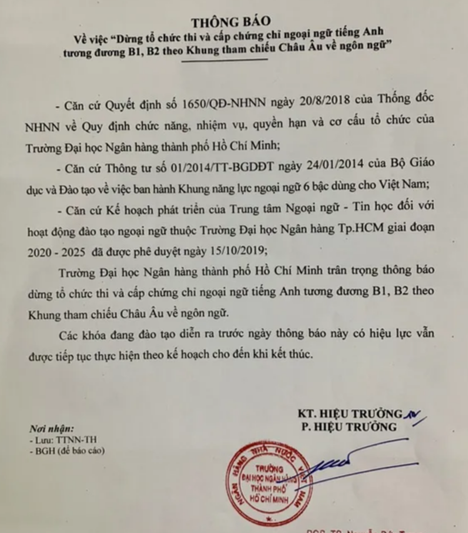 Trường Đại học Ngân hàng TPHCM dừng tổ chức thi và cấp chứng chỉ tiếng Anh - 1 Trường Đại học Ngân hàng TPHCM dừng tổ chức thi và cấp chứng chỉ tiếng Anh - 1