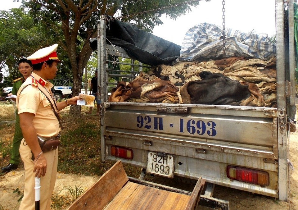 Lực lượng CSGT kiểm tra xe tải chở thực phẩm bẩn