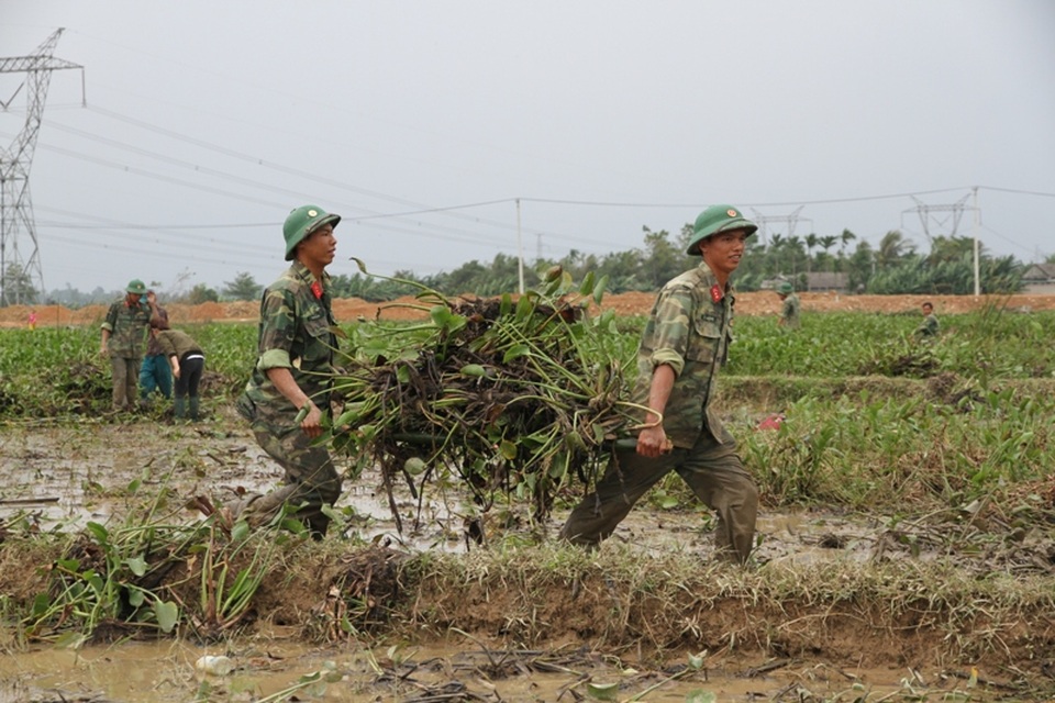 
Các chiến sĩ Trung đoàn 19, Sư đoàn 968 cùng giúp dân tham gia dọn bèo trên ruộng
