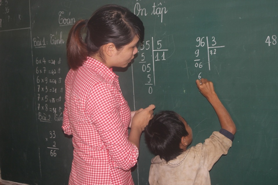 Cô giáo Nguyễn Thị Hà Thanh uốn nắn cho từng học sinh tại điểm trường Cốc.
