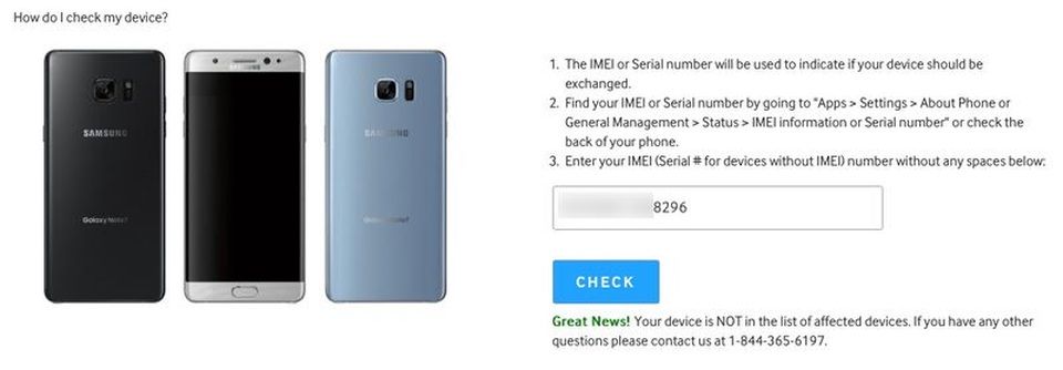 Samsung lại gặp "hạn" vì Note7 mới vẫn bốc cháy ngay trên máy bay - 3
Sau khi nhập IMEI của sản phẩm trên website của Samsung, thông tin cho thấy đây là sản phẩm được cho là an toàn.