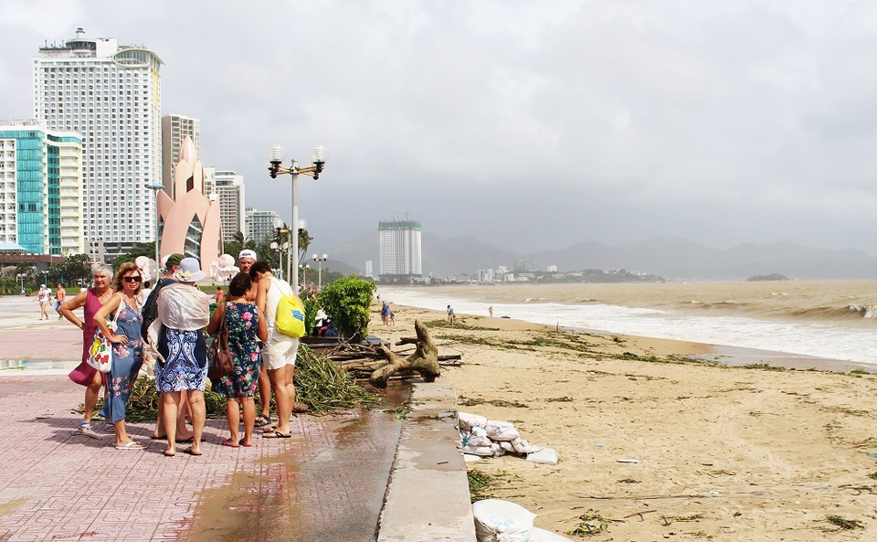 Một nhóm nhỏ du khách ngắm sóng mùa biển động