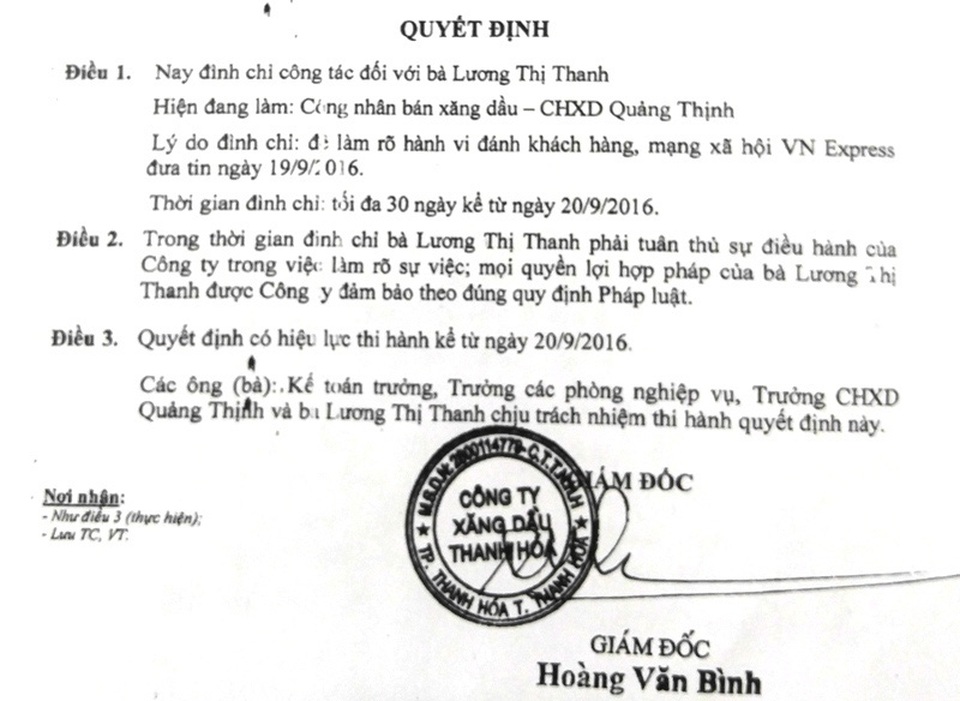 Nhân viên cây xăng đánh nhau với khách: Báo cáo lên Tập đoàn Xăng dầu - 3 Bà Thanh bị đình chỉ công tác từ ngày 20/9