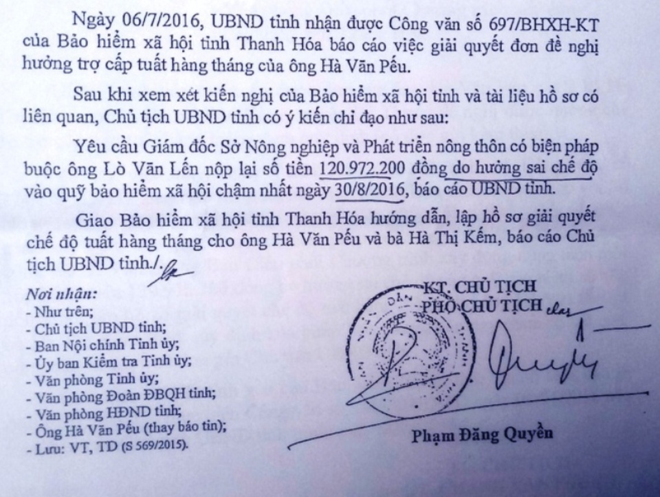 UBND tỉnh Thanh Hóa nhiều lần ban hành công văn yêu cầu ông Lến nộp lại số tiền hưởng sai chế độ