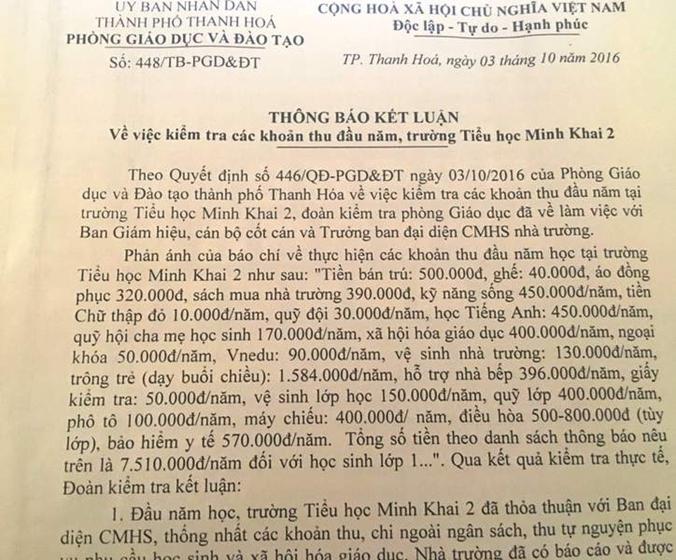 Phòng GD-ĐT thành phố Thanh Hóa mới chỉ làm rõ các khoản thu tại một lớp.