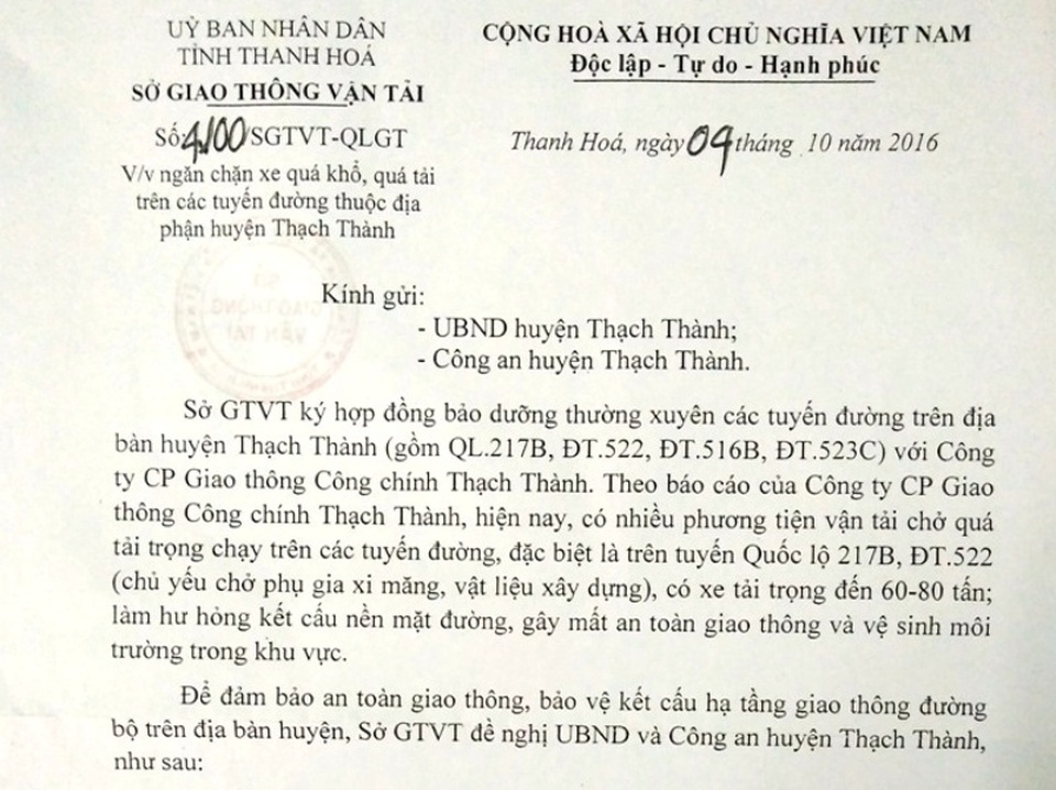Thanh Hóa: Xe qúa tải hoành hành, đường "nát như tương", dân khốn khổ - 7 Đã có chỉ thị, nhiều văn bản chỉ đạo của các cấp chính quyền và ngành chức năng về vấn đề này