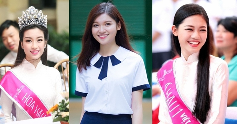 Những chiếc cup “tuổi trẻ tài cao” gọi tên Hồ Văn Cường, Nhã Phương - 12 Trong ngày khai giảng năm học mới, Tân Hoa hậu cùng 2 Á hậu 2016 là Đỗ Mỹ Linh, Ngô Thanh Thanh Tú, Huỳnh Thị Thùy Dung cũng dành thời gian về thăm lại những ngôi trường mà mình đã theo học để tri ân các thầy cô giáo và dành tặng những món quà khuyến học tới nhà trường. Nếu như Mỹ Linh và Thanh Tú chọn áo dài trắng dịu dàng thì Thùy Dung gây dấu ấn khi mặc lại đồng phục nữ sinh cấp 3.