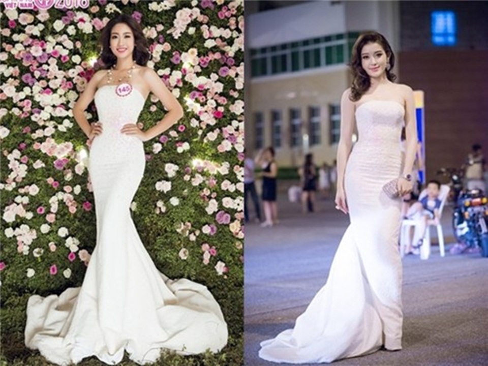 Nhìn lại những hình ảnh của Mỹ Linh trước khi đăng quang, trong bộ ảnh dạ hội Ban Tổ chức công bố trước thềm đêm chung kết, Mỹ Linh từng diện lại bộ váy trắng mà Huyền My từng lựa chọn trên thảm đỏ khi đi diện event. Ở góc máy này, cả hai có những nét tương đồng thú vị, cách làm tóc cũng có phần giống nhau.