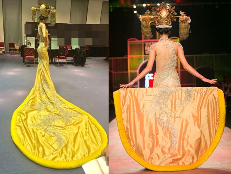 Chiếc váy mà Quán quân Vietnam’s Next Top Model Nguyễn Oanh diện trong vai trò vedette của NTK người Singapore - Frederick Lee ngay lập tức khiến khán giả liên tưởng tới “chiếc váy pizza” mà ca sĩ Rihanna mặc từng trở thành đề tài bàn tán và cộng đồng mạng thế giới chế những bức ảnh hài hước.