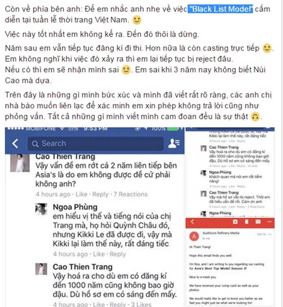 Phản hồi vụ việc cấm diễn thời trang: Người mẫu không đáp ứng tiêu chí!? - 2 Nội dung được Cao Thiên Trang chia sẻ trên trang cá nhân của cô.