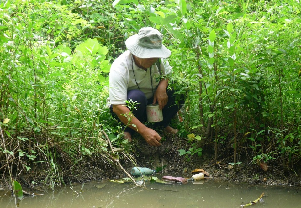 
Hiện nay 6 miệng ăn, tiền thang thuốc chị Cẩm... đều trông chờ vào nghề cắm câu ếch của ông Điệu. Nhưng do lũ nhỏ, mỗi ngày chỉ cắm được 2 -3kg ếch, chỉ đủ mua gạo ăn
