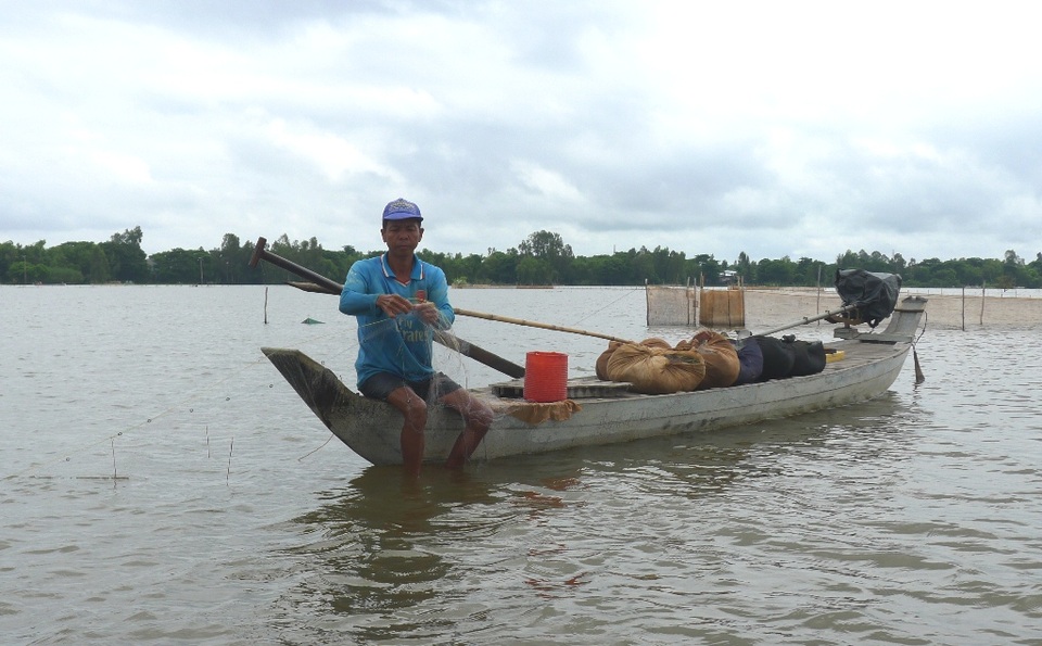 Hẩm hiu nghề câu lưới trong lũ muộn - 5 Ông Kiều Văn Phước đang bủa lưới trên cánh đồng xã Phú Hội