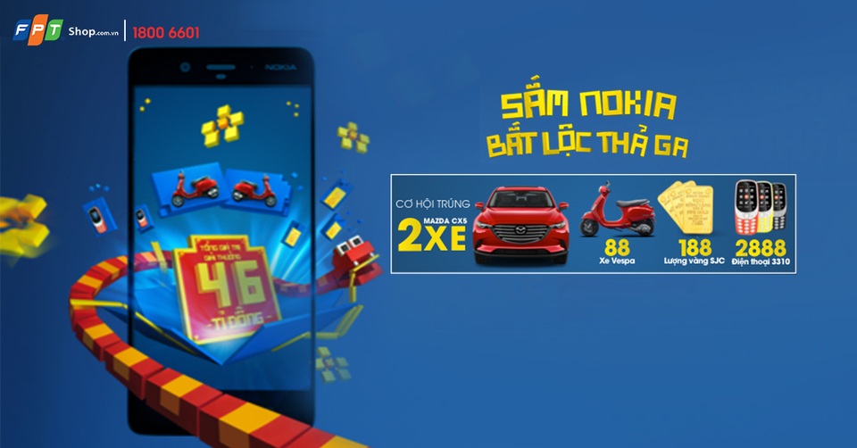 Ngay từ hôm nay, chọn sở hữu bất kỳ các dòng smartphone thuộc thương hiệu Nokia tại FPT Shop bạn sẽ được tham gia quay số may mắn trúng xe Mazda, Vespa, vàng SJC hoặc điện thoại Nokia 3310