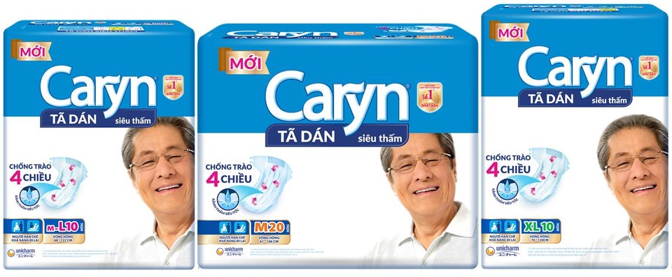 Giải pháp quan trọng cho người cao tuổi nằm liệt - 3 Caryn cung cấp tã dán cải tiến mới với 3 cỡ: M, M-L và XL dựa trên vòng hông và trọng lượng của người dùng, với các gói 10 miếng và 20 miếng tiện lợi và tiết kiệm hơn. Ngoài sản phẩm tã dán, Caryn còn có tã quần cho người đi lại được hoặc đi lại cần trợ giúp, tấm đệm lót giúp bảo vệ chống trào và miếng lót bổ sung giúp thay tã thuận tiện.