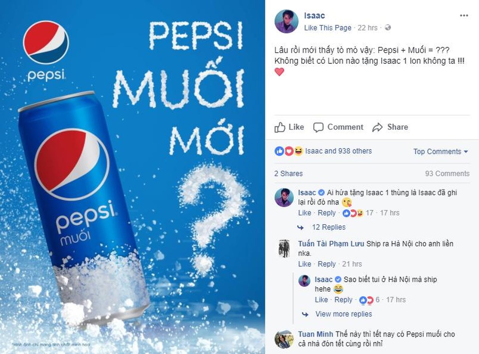 Xôn xao cơn sốt up ảnh “cần muối” của dàn sao Việt - 2 Isaac hứa sẽ yêu luôn ai tặng chàng một lon Pepsi muối