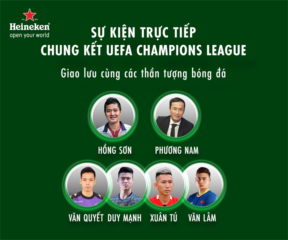 Trực tiếp chung kết UEFA Champions League tại 3 thành phố lớn - 4 Bên cạnh đó, người hâm mộ sẽ được mãn nhãn với những màn trình diễn sôi động của các ngôi sao giải trí hàng đầu như Hương Tràm, Hoàng Thùy Linh, Bảo Anh, Tiên Tiên, Bảo Thy, Yến Lê, Emily và sự xuất hiện của các fan bóng đá đặc biệt như Á Hậu Việt Nam Huyền My và MC Tú Linh. Trọn vẹn hơn cả, fan hâm mộ còn được thưởng thức hương vị bia thượng hạng của Heineken và vỡ òa trong niềm vui chiến thắng với chiến hữu cùng hàng triệu người hâm mộ bóng đá khắp cả nước.