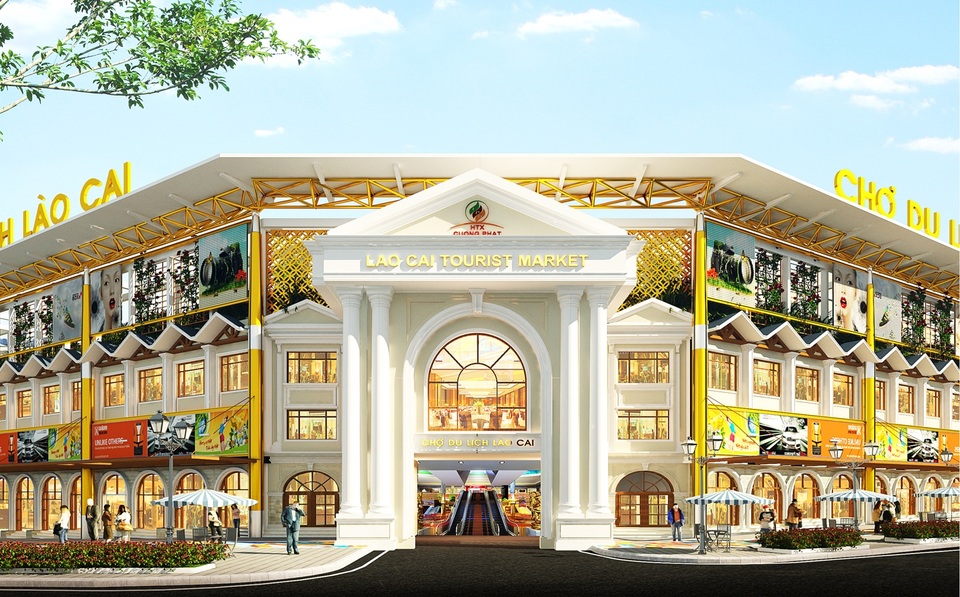 Điểm dừng chân không thể bỏ qua khi đến Lào Cai - 1 Thiết kế hiện đại và nổi bật của Chợ Du lịch Lào Cai nhìn trực diện từ cổng chính