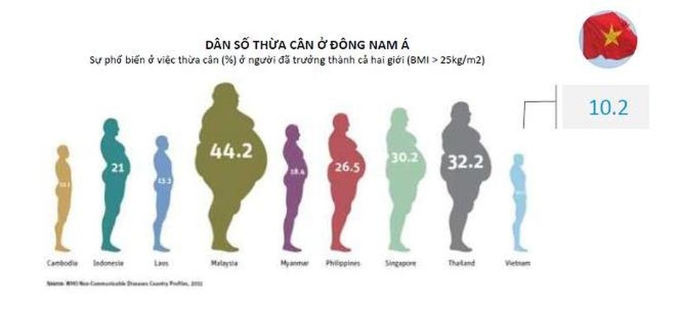 
So với các quốc gia khác trong khu vực, Việt Nam có tỉ lệ béo phì khá thấp
