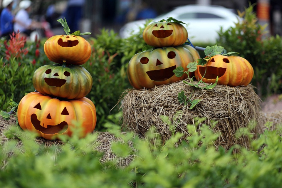 Bí ngô giả được khoét mặt cười nằm chồng lên nhau tạo sự thích thú cho mọi người.