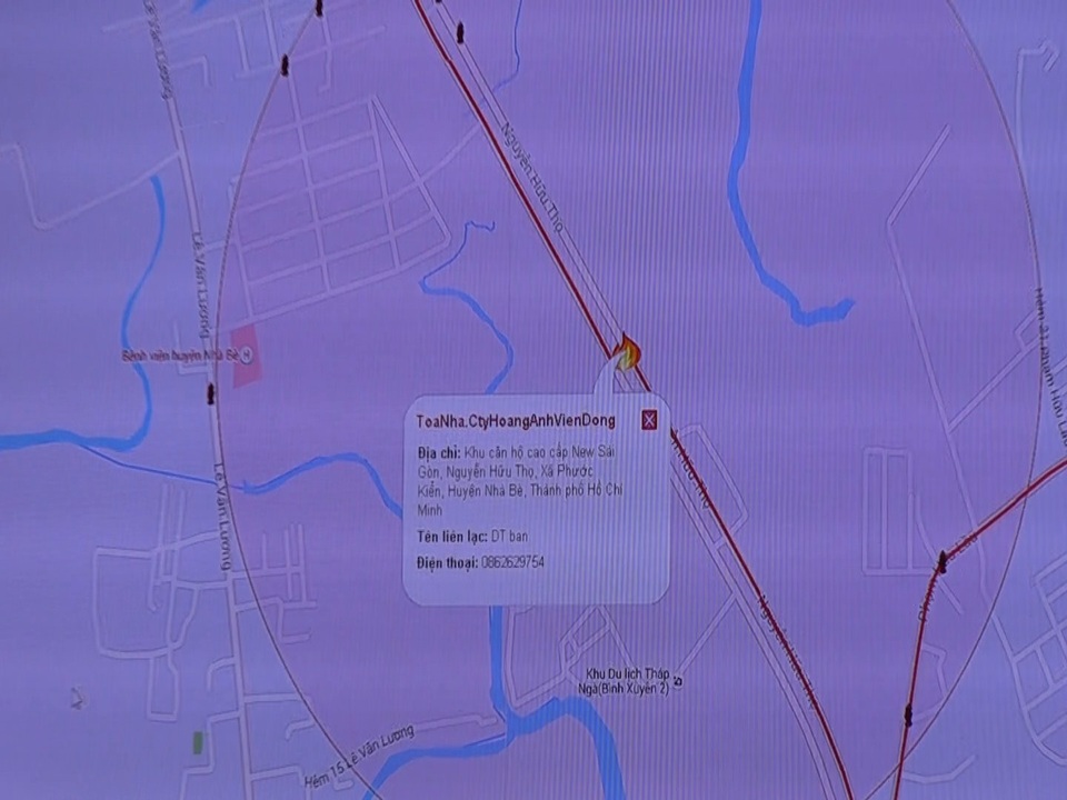 Tình huống giả lập khi có cháy. Ngay tại địa điểm báo cháy sẽ hiện lên các thông tin chi tiết.