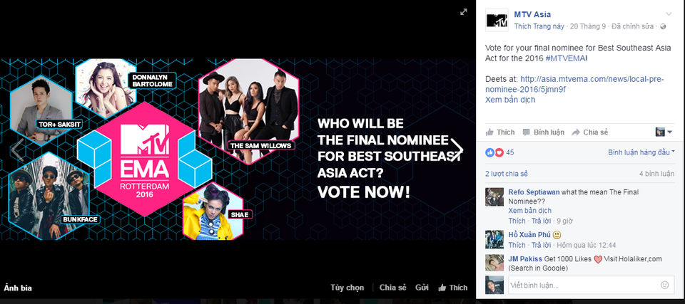 Nếu chiến thắng chặng đua bình chọn tại khu vực, Đông Nhi sẽ có cơ hội tham dự và được vinh danh tại lễ trao giải EMA Rottedam 2016 tại Hà Lan vào ngày 6/11/2016.