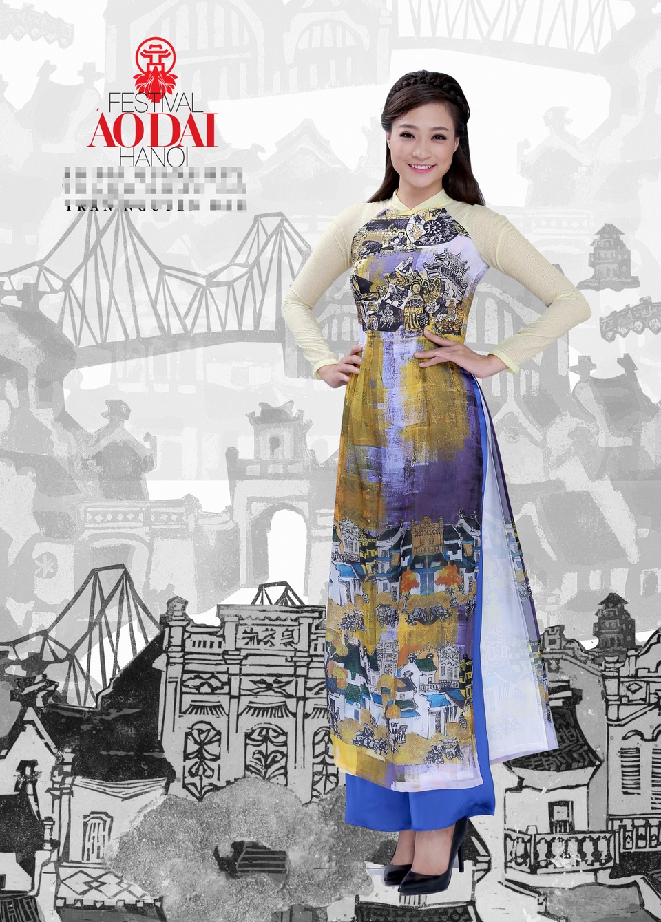 Chuyện về bộ sưu tập áo dài được lấy ý tưởng từ tranh khắc gỗ - 2 Những gam màu trầm phối với những hình khối chắc khoẻ càng làm cho Hà Nội mênh mang hơn trên tà áo dài.