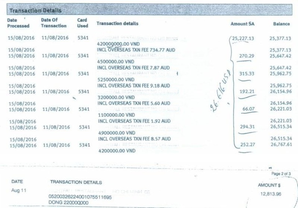 Các giao dịch chuyển tiền trong đêm 11/8 cho công ty kinh doanh nhà hàng N.B