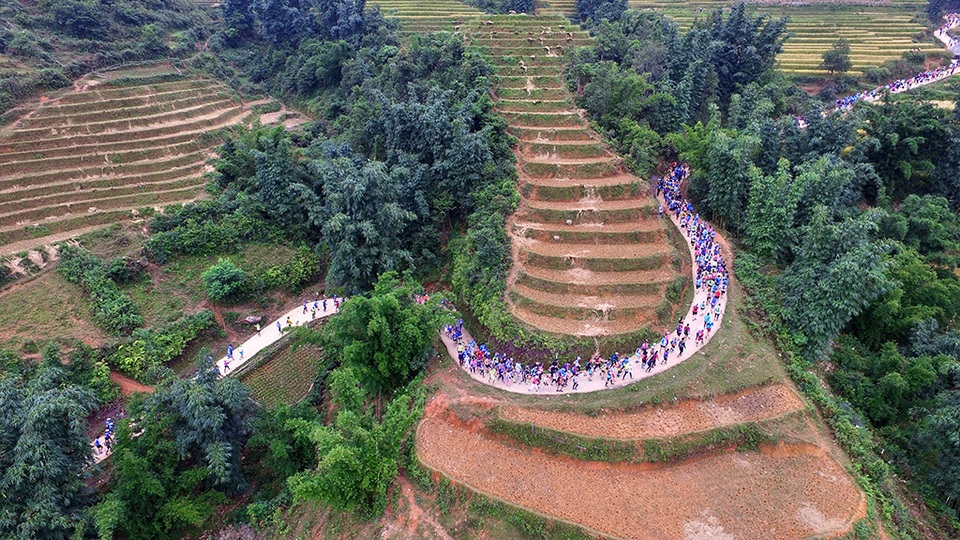 
Đoàn vận động viên tranh tài ở cự ly 42km chạy qua những cung đường dốc quanh co qua những thửa ruộng bậc thang vô cùng đẹp mắt của Sapa.
