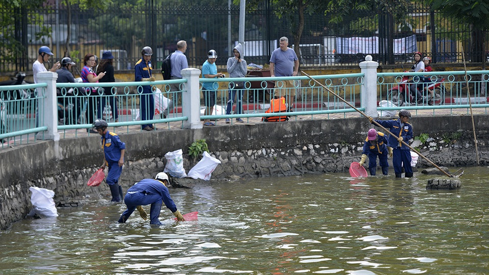 
Khách du lịch nước ngoài đứng quan sát đầy vẻ tò mò. Họ không hiểu sao ở đây cá lại chết nhiều đến vậy. Tôi chưa bao giờ nhìn thấy lượng cá chết nhiều ở một hồ nước ngọt giữa thành thị như thế này, ngay bây giờ không khí ở đây thật khủng khiếp, một khách du lịch người Anh tên Mark chia sẻ cùng phóng viên.
