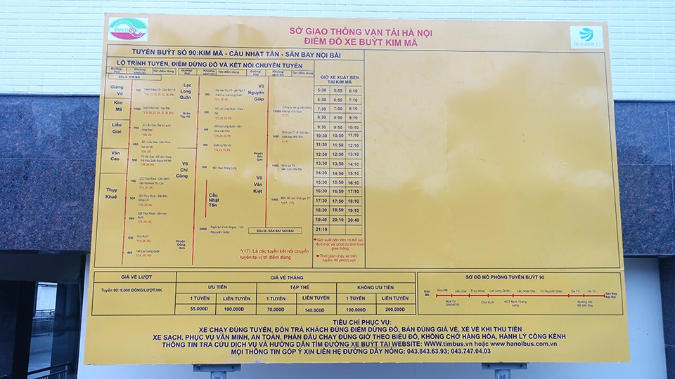 Hành trình xe chạy từ Kim Mã lên sân bay quốc tế Nội Bài và ngược lại được thông tin chi tiết ở mỗi đầu bến.