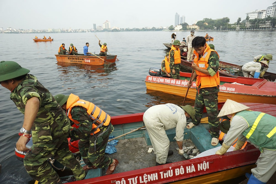 Gần một nghìn người căng mình "giải cứu" hồ Tây - 6 Liên tục hàng trăm lượt xuồng máy ra vào vận chuyển xác cá ra khỏi lòng hồ.