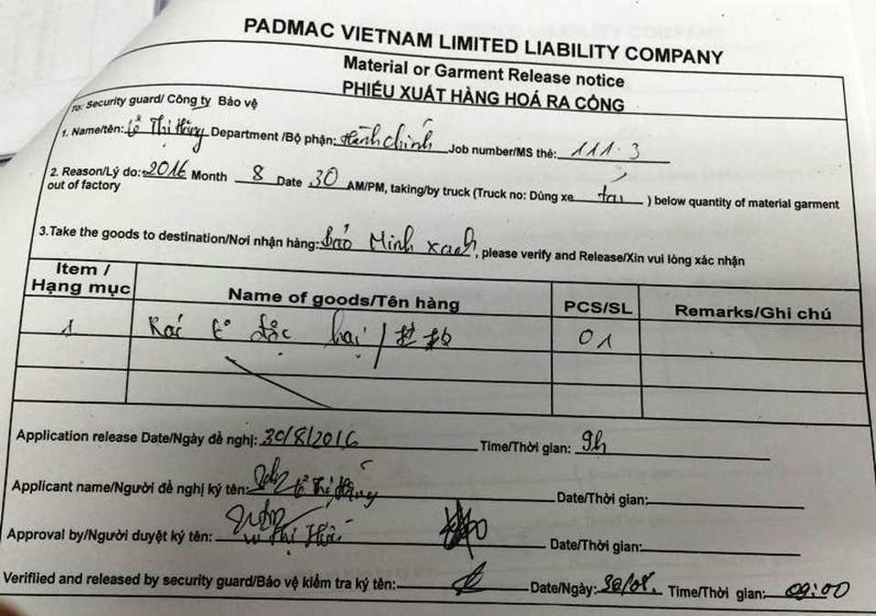 Phiếu xuất cổng lư tại Phòng Hành chính của công ty TNHH Padmac Việt Nam