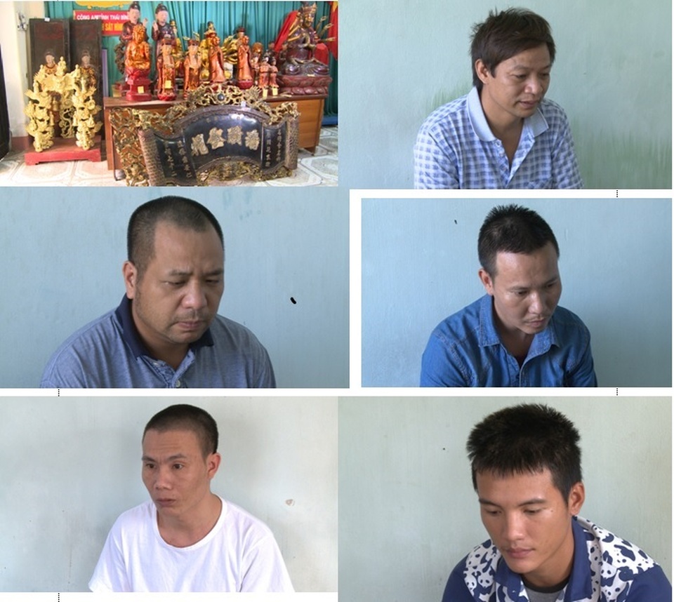 Bắt 6 đối tượng chuyên đi trộm cắp đồ thờ cúng ở đình chùa - 1 Tang vật vụ án và các đối tượng bị bắt giữ (ảnh: Công an Thái Bình)