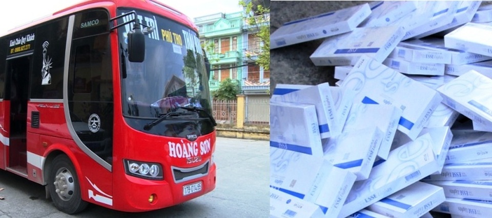 Bắt giữ 2 xe ô tô khách chở thuốc lá ngoại nhập lậu - 1 Chiếc xe khác và hơn 900 bao thuốc lá ngoại nhập lậu (ảnh: Công an Thái Bình)