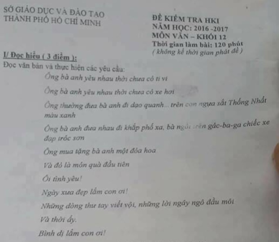 Đề kiểm tra học kỳ 1 của khối lớp 12 trường THPT Trường Chinh, quận 12