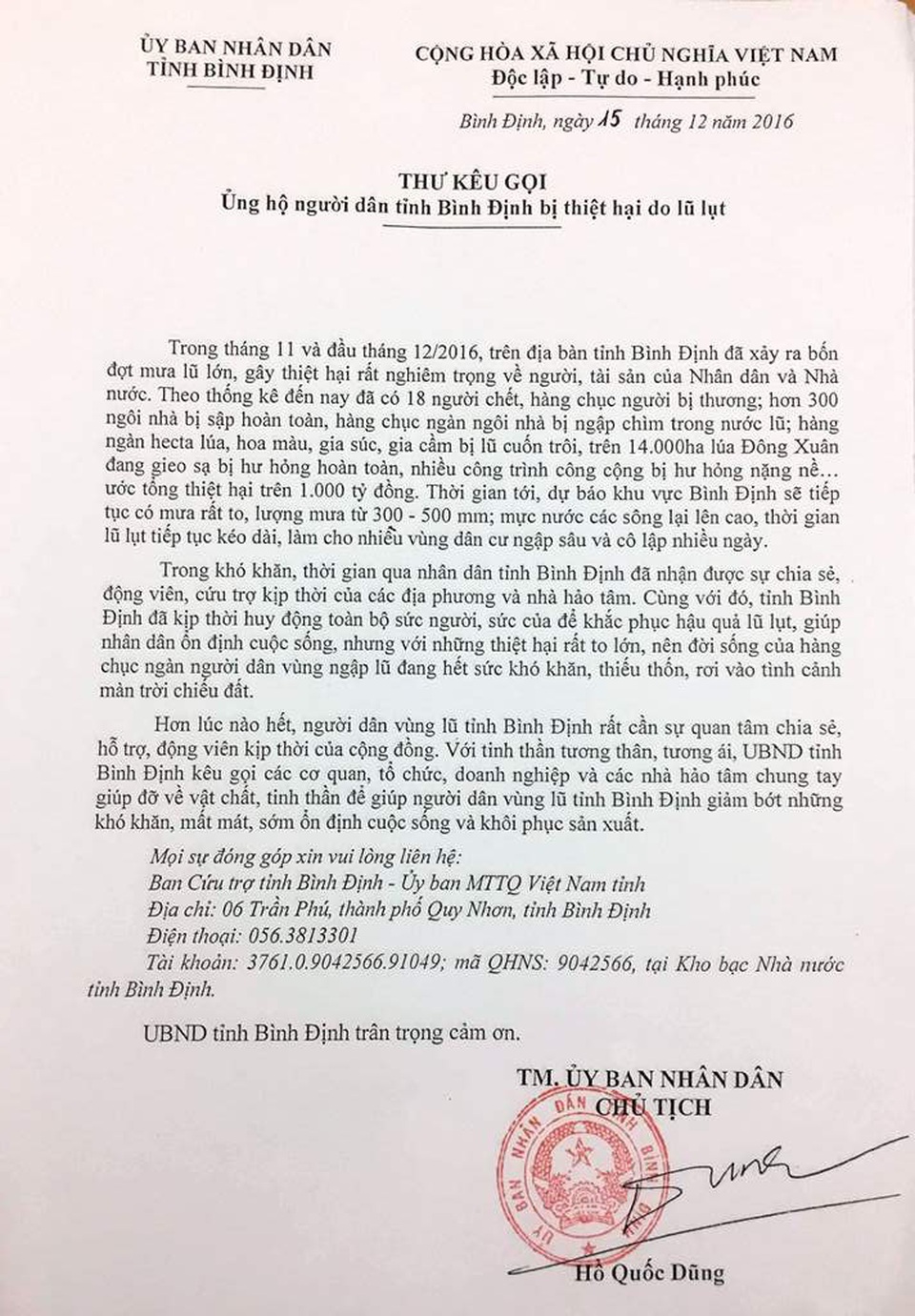 
Chủ tịch UBND tỉnh Bình Định Hồ Quốc Dũng kêu gọi ủng hộ người dân tỉnh này bị thiệt hại do lũ lụt
