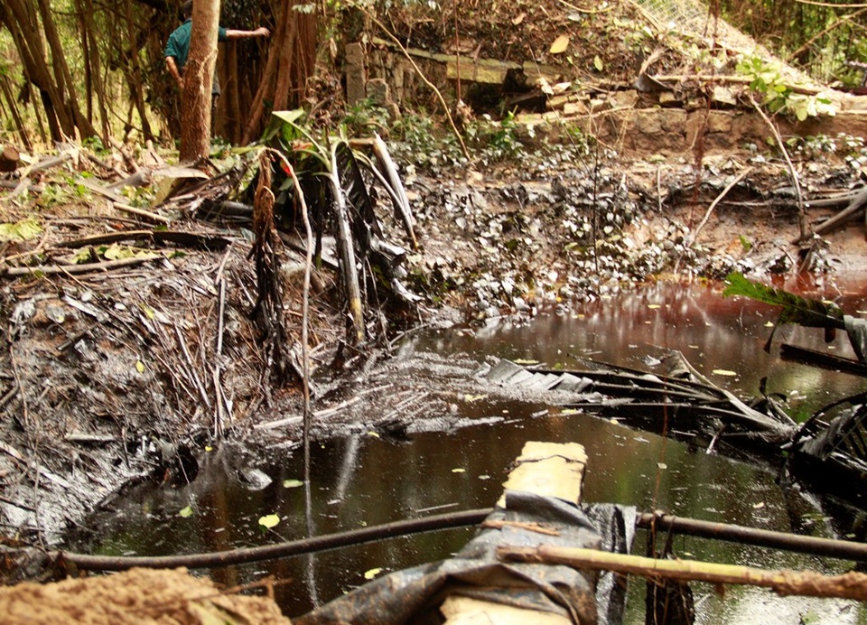Dầu nhớt tràn đọng lại vào ao cá nhà dân