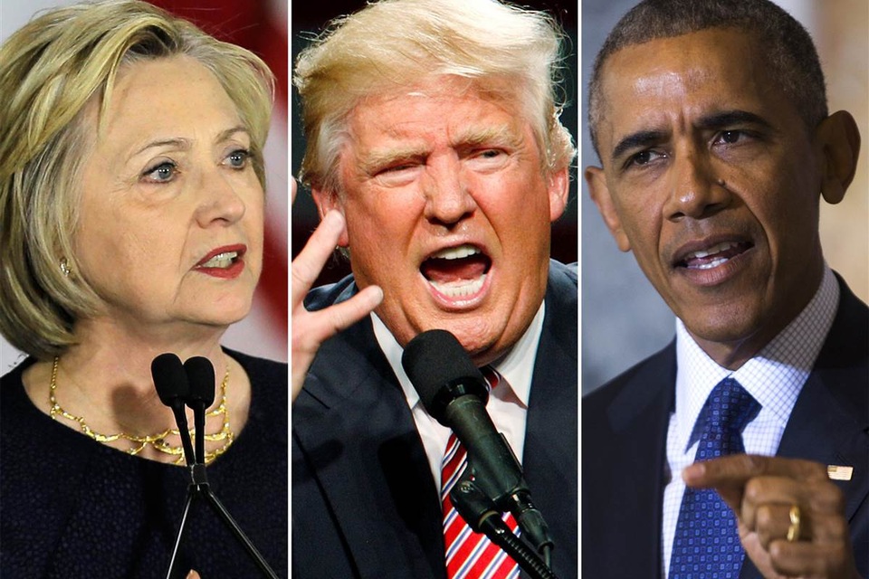 Ông Trump đề nghị điều tra Tổng thống Obama về vụ thư điện tử của bà Clinton - 1 Từ trái qua phải: Bà Hillary Clinton, ông Donald Trump và ông Barack Obama (Ảnh: NBC)