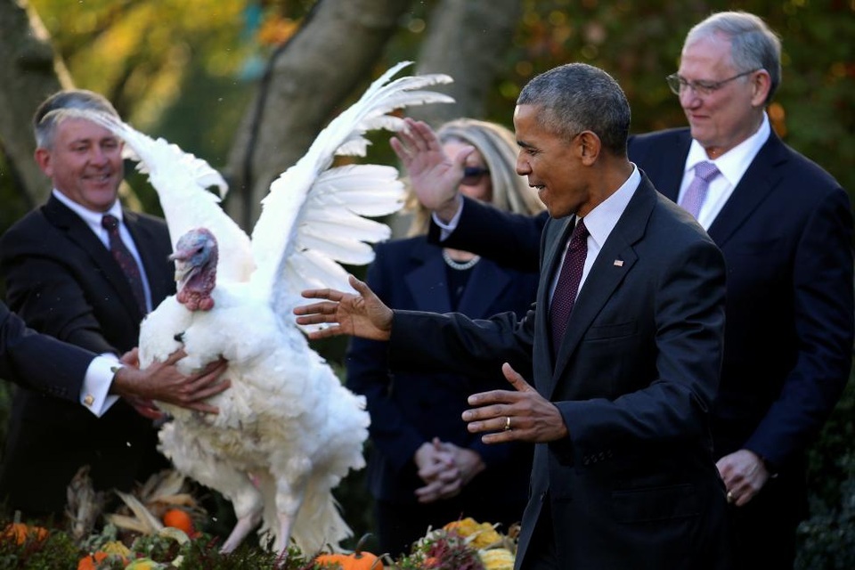 Những mùa lễ Tạ ơn của Tổng thống Obama trong Nhà Trắng - 2 “Lễ Tạ ơn là dịp để sum họp với những người thân yêu, mong muốn những điều tốt lành đến với tất cả chúng ta. Và sau một mùa tranh cử kéo dài, cuối cùng sự chú ý của chúng ta cũng được chuyển từ những lá phiếu sang những con gà”, Tổng thống Obama nói trước khi bắt đầu làm lễ xá tội hôm qua 23/11. Ông cũng dành cơ hội này để gợi nhắc lại một số thành tựu mà nước Mỹ đã đạt được trong những năm qua. (Ảnh: Reuters)