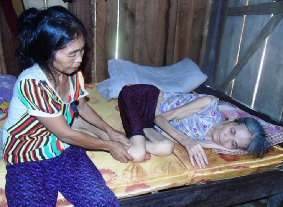 Những cảnh đời thương tâm sau cơn lũ lịch sử - 9 Bà Đinh Thị Thêm, năm nay gần 60 tuổi, 30 năm nay bà mắc bệnh tâm thần, nay lại bị tai biến nằm một chỗ. (Ảnh Đặng Tài)