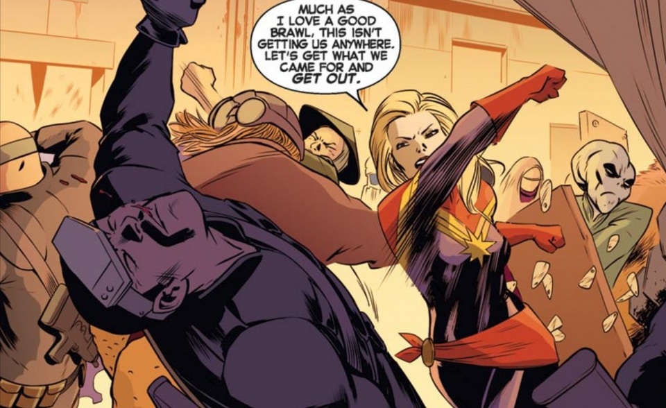 Captain Marvel tên thật là Carol Danvers, cô sở hữu tốc độ và sức mạnh siêu việt, có thể bay lượn, tung ra những cú đấm thép và tạo ra lửa từ những ngón tay. Trong thế giới truyện tranh, cô là thành viên của các biệt đội Avengers, A-Force, và X-Men.
