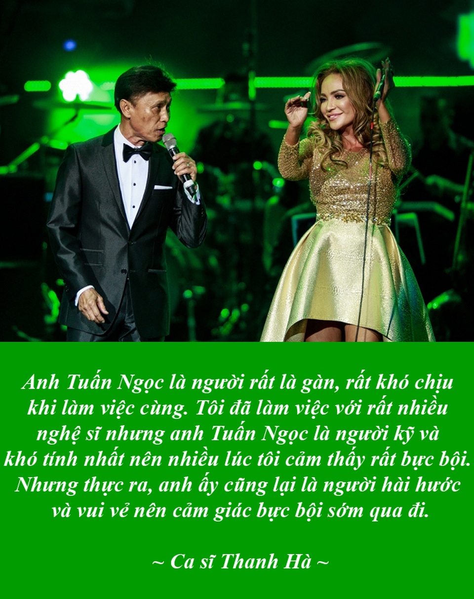 Ca sĩ Thanh Hà: “Làm việc với anh Tuấn Ngọc, tôi thấy rất bực bội” - Chia sẻ trong buổi họp báo giới thiệu đêm nhạc diễn ra vào ngày 17/9 tại Hà Nội, ca sĩ Thanh Hà cho biết, chị thường cảm thấy rất bực bội khi làm việc chung với danh ca Tuấn Ngọc vì người đàn ông này quá kỹ và khó tính.