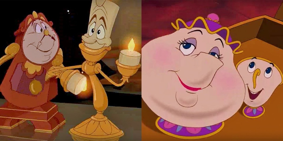 Diện mạo của bác đồng hồ Cogsworth, anh đèn nến Lumiere, cô bình trà Mrs. Potts, và cậu con trai của cô - cậu bé tách trà Chip trong phiên bản hoạt hình 1991.
