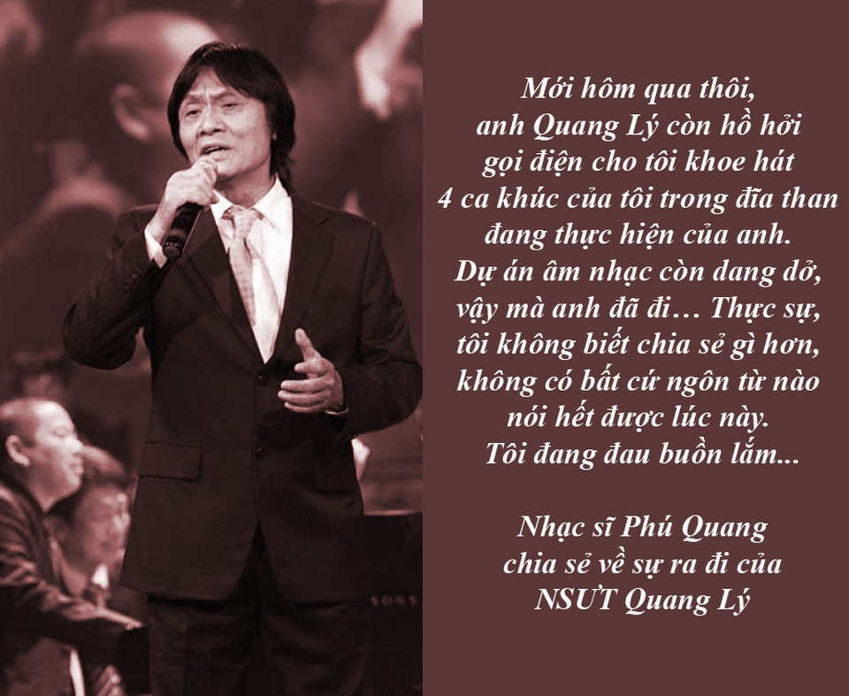 Nhiều nghệ sĩ chia sẻ niềm tiếc thương về NSƯT Quang Lý - 3 Các nghệ sĩ gạo cội bàng hoàng trước sự ra đi của NSƯT Quang Lý - NSND Quang Thọ, NSƯT Huyền Thanh, nhà thơ Hồng Thanh Quang và nhạc sĩ Phú Quang không nén nổi sự bàng hoàng trước sự ra đi đột ngột của NSƯT Quang Lý, một trong những giọng ca nam đẹp nhất của dòng nhạc trữ tình Việt Nam từ sau 1975…