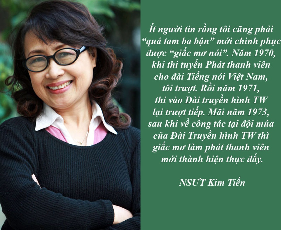 Nhiều nghệ sĩ chia sẻ niềm tiếc thương về NSƯT Quang Lý - 5 Nữ phát thanh viên dẫn bản tin Thời sự đầu tiên của VTV là ai? - Mặc dù đã nghỉ hưu được 14 năm nhưng nhắc đến NSƯT Kim Tiến nhiều thế hệ khán giả vẫn nhớ như in giọng đọc “huyền thoại” của bà trong các bản tin truyền hình và lồng tiếng của bộ phim Tây Du Ký. Tuy nhiên, ít ai biết bà chính là nữ phát thanh viên đầu tiên dẫn bản tin Thời sự của VTV.