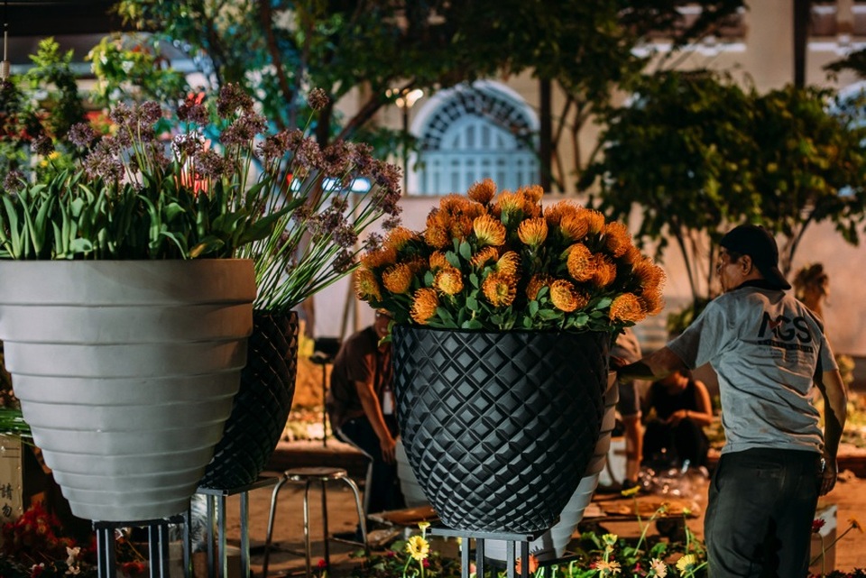 Đường hoa Nguyễn Huệ kéo dài thêm ngày hội - 1 Nhân viên của AGS Events & Media tỉ mỉ kiểm tra từng chậu hoa trước đêm khai mạc