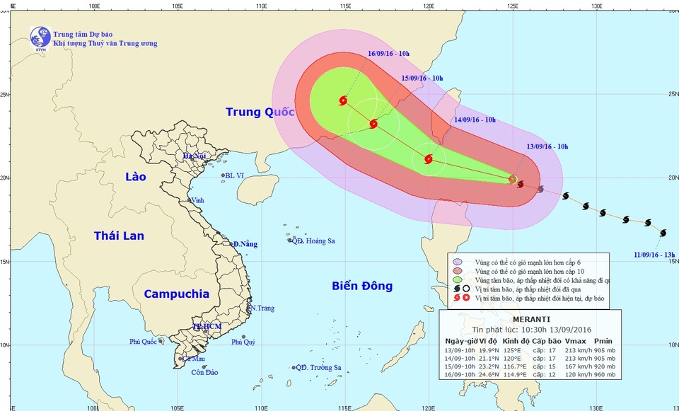 Xuất hiện siêu bão giật cấp 17 gần Biển Đông - 1 Vị trí và hướng di chuyển của siêu bão Meranti (Ảnh: NCHMF).