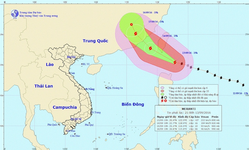 Siêu bão Meranti di chuyển nhanh, hướng vào Biển Đông - 1 Vị trí và hướng di chuyển của siêu bão Meranti (Ảnh: NCHMF).
