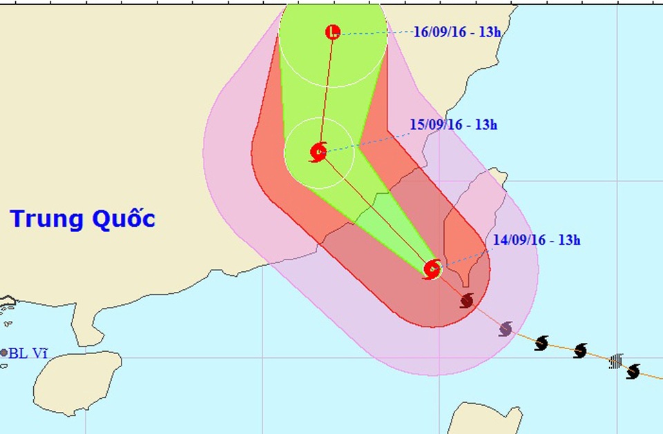 Vị trí và hướng di chuyển của siêu bão Meranti (Ảnh: NCHMF).