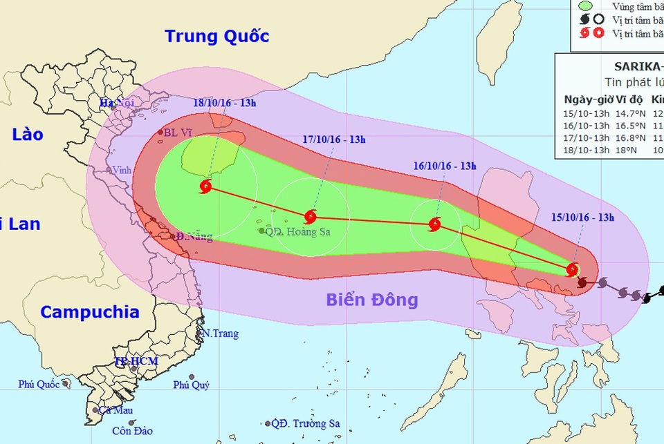 Miền Trung chuẩn bị bước vào đợt mưa lũ mới - 5 Vị trí và hướng di chuyển của bão Sarika (Ảnh: NCHMF).
